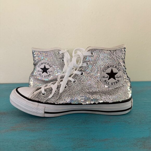 Converse Silver Sequin Chuck Taylor All Star High Top Sneakers Size 7 Womens - Picture 7 of 11